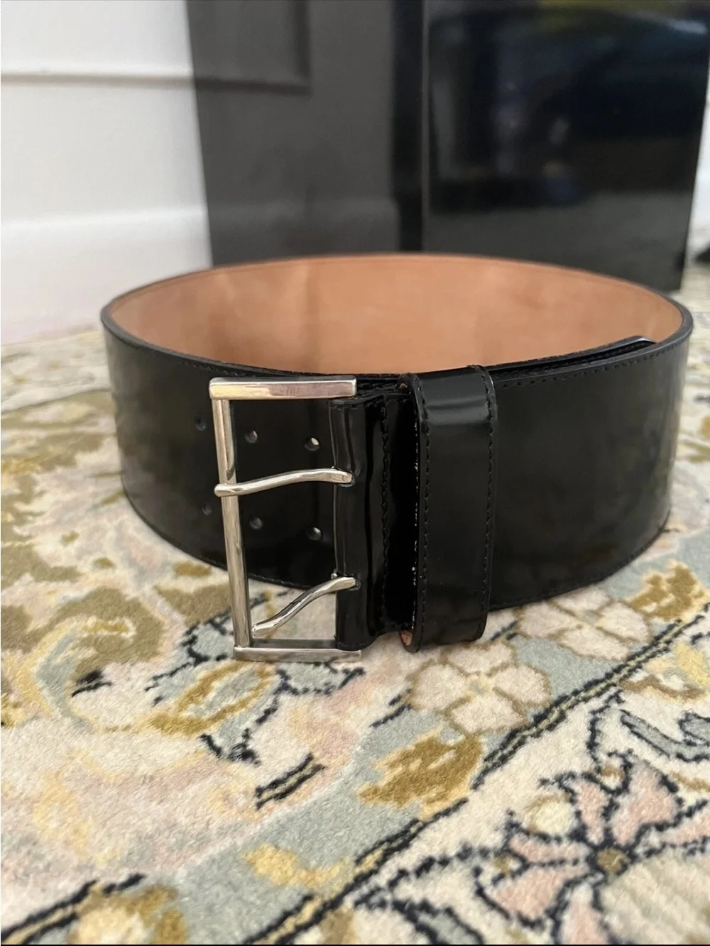 Furla Patent Leather Black Wide Black Belt Silver Buckle S / M Italy 75 vintage